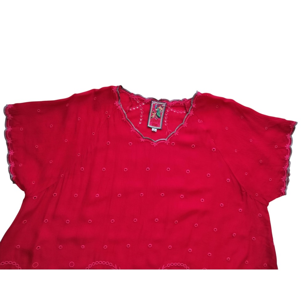 Johnny Was C13579 Red Embroidered Tunic Top 1X Plus Size 100% Cupra Rayon Boho - Picture 3 of 12